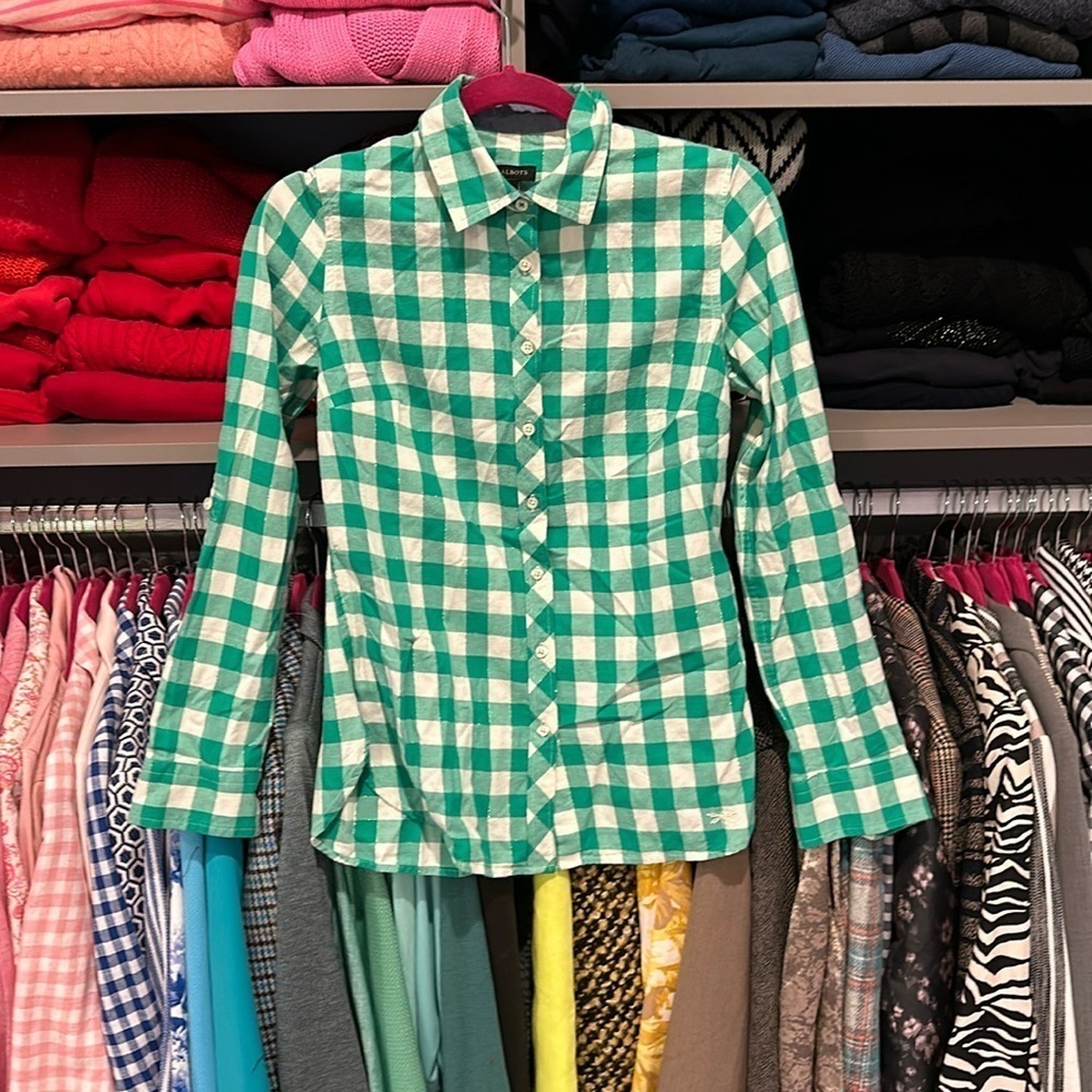 Talbots green/white/silver threads gingham long sleeve button down shirt size XS